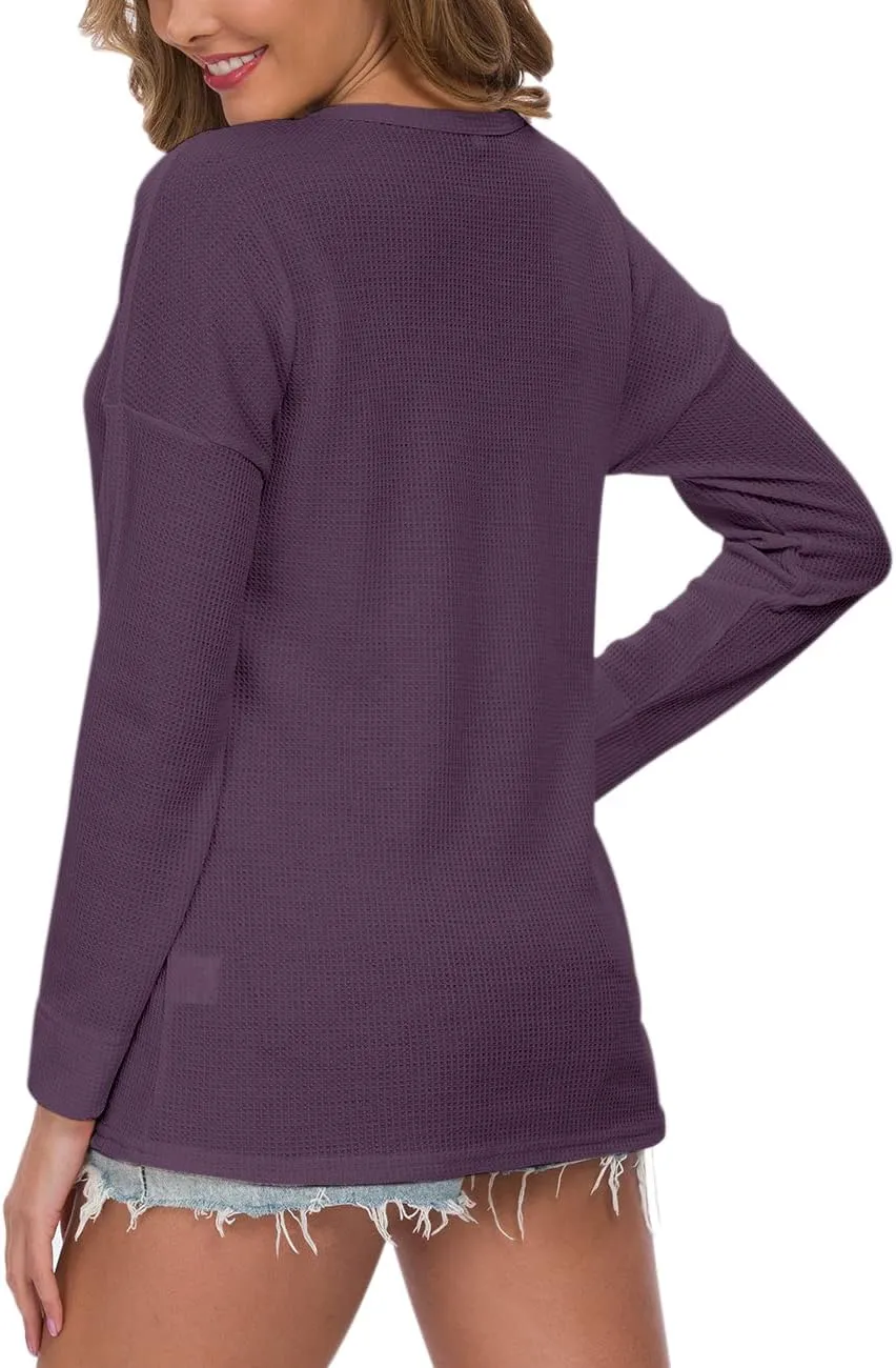 MOLERANI Womens Waffle Knit Tunic Tops Loose Long Sleeve Button Up V Neck Henley Shirts