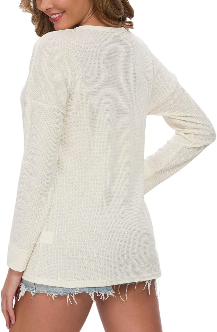 MOLERANI Womens Waffle Knit Tunic Tops Loose Long Sleeve Button Up V Neck Henley Shirts