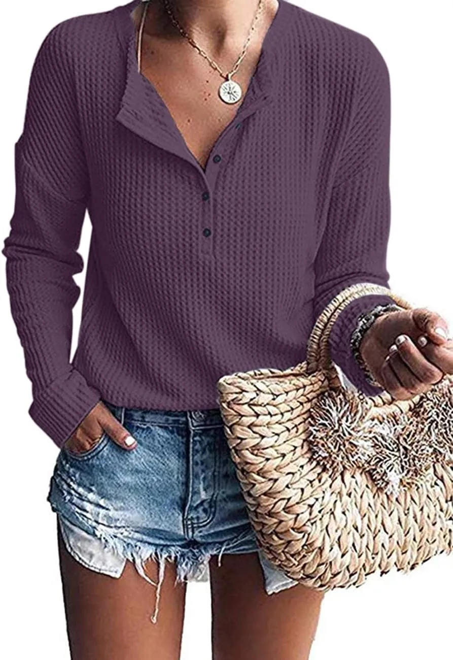MOLERANI Womens Waffle Knit Tunic Tops Loose Long Sleeve Button Up V Neck Henley Shirts