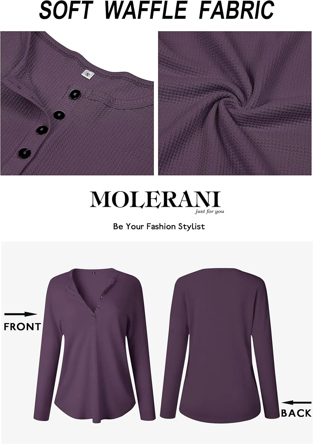 MOLERANI Womens Waffle Knit Tunic Tops Loose Long Sleeve Button Up V Neck Henley Shirts