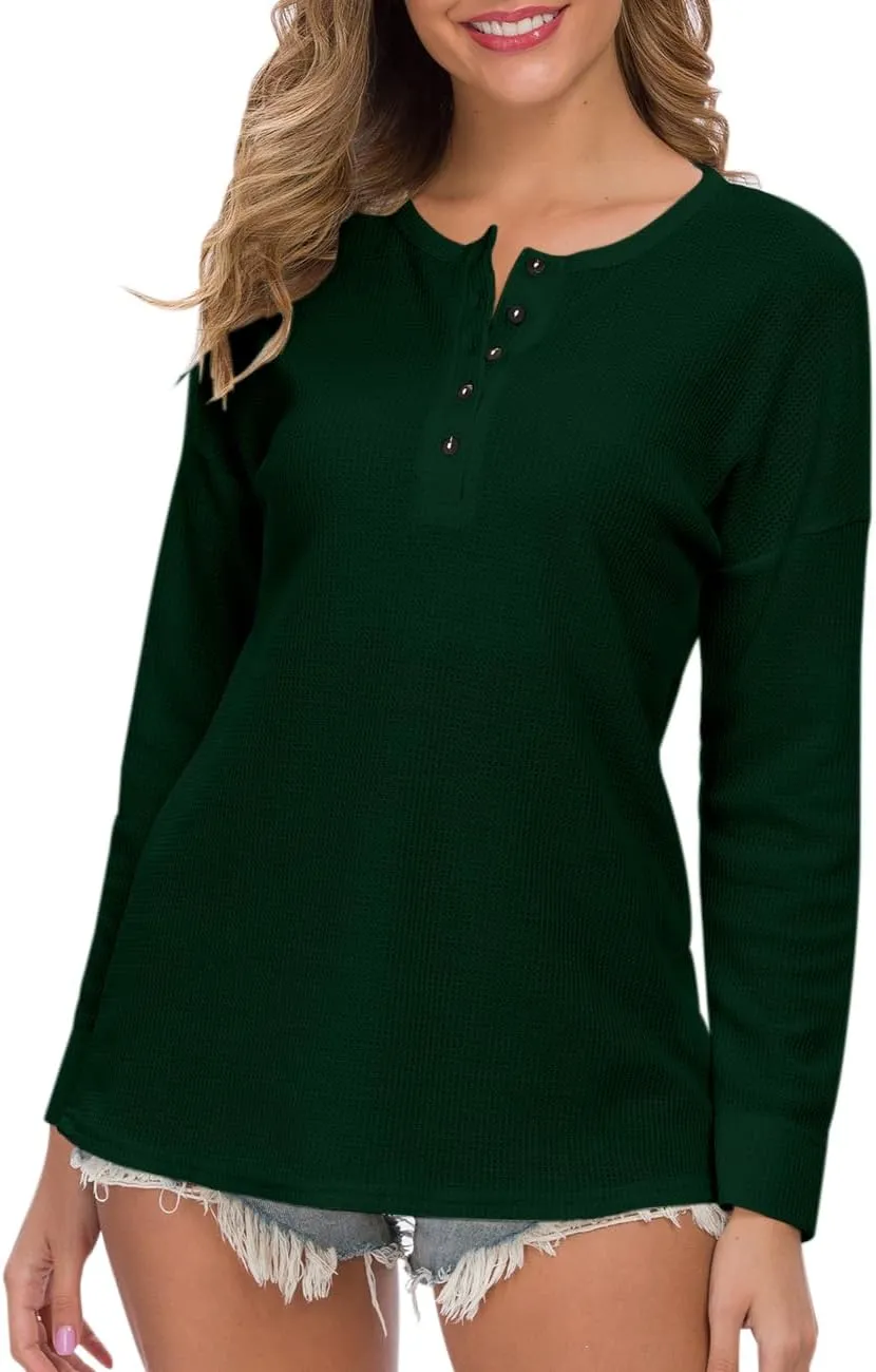 MOLERANI Womens Waffle Knit Tunic Tops Loose Long Sleeve Button Up V Neck Henley Shirts
