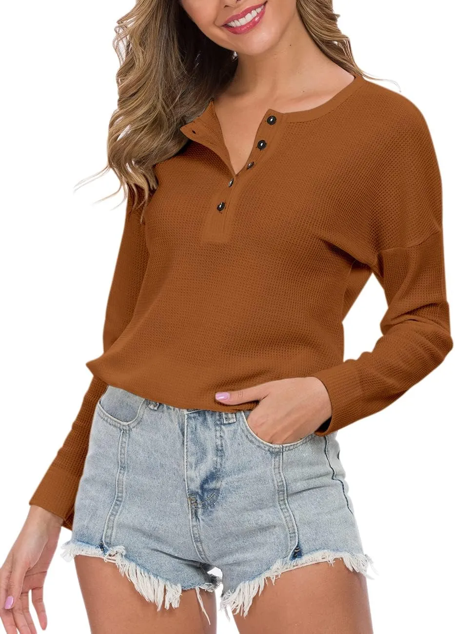 MOLERANI Womens Waffle Knit Tunic Tops Loose Long Sleeve Button Up V Neck Henley Shirts