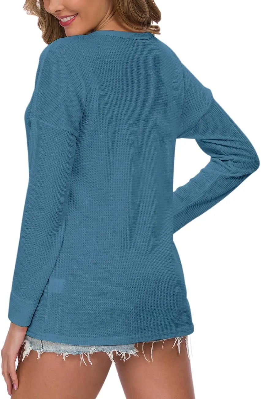 MOLERANI Womens Waffle Knit Tunic Tops Loose Long Sleeve Button Up V Neck Henley Shirts