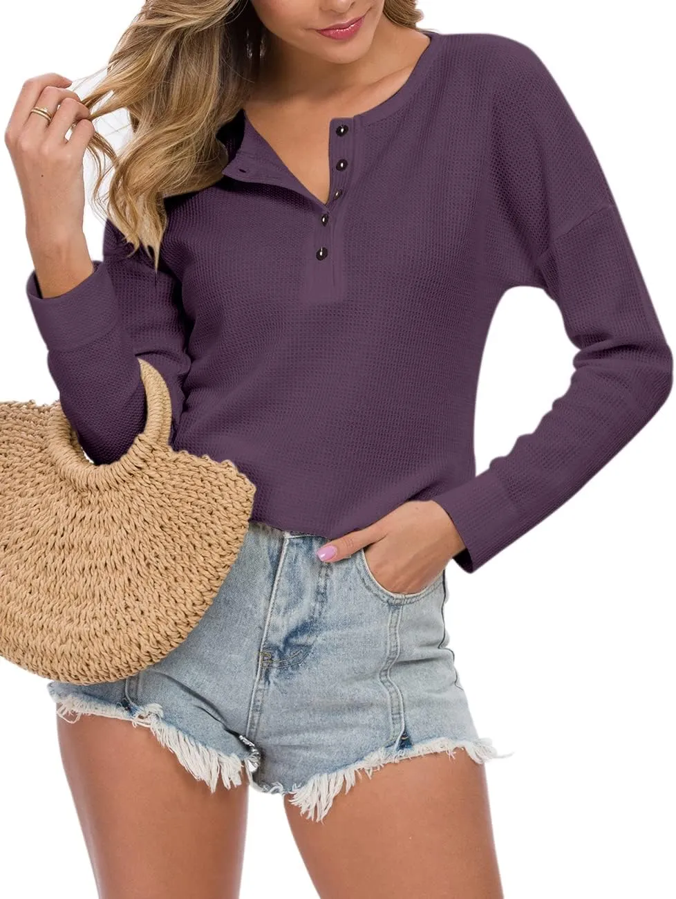 MOLERANI Womens Waffle Knit Tunic Tops Loose Long Sleeve Button Up V Neck Henley Shirts