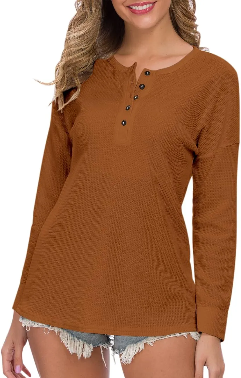 MOLERANI Womens Waffle Knit Tunic Tops Loose Long Sleeve Button Up V Neck Henley Shirts