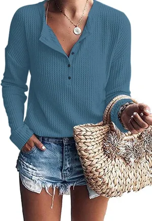 MOLERANI Womens Waffle Knit Tunic Tops Loose Long Sleeve Button Up V Neck Henley Shirts