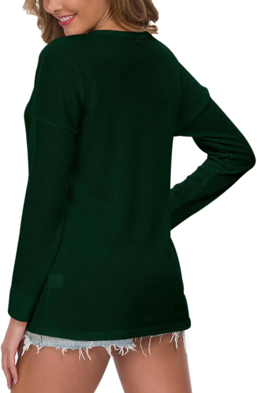 MOLERANI Womens Waffle Knit Tunic Tops Loose Long Sleeve Button Up V Neck Henley Shirts