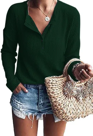 MOLERANI Womens Waffle Knit Tunic Tops Loose Long Sleeve Button Up V Neck Henley Shirts