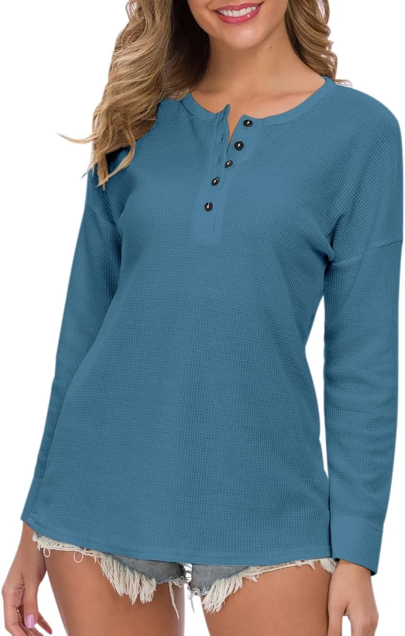 MOLERANI Womens Waffle Knit Tunic Tops Loose Long Sleeve Button Up V Neck Henley Shirts