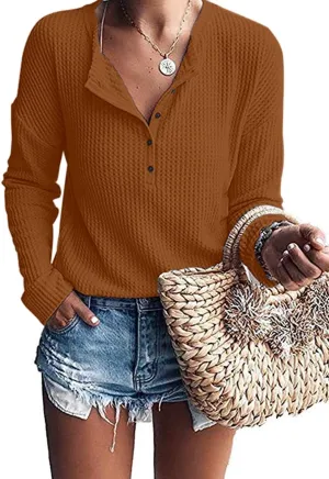 MOLERANI Womens Waffle Knit Tunic Tops Loose Long Sleeve Button Up V Neck Henley Shirts