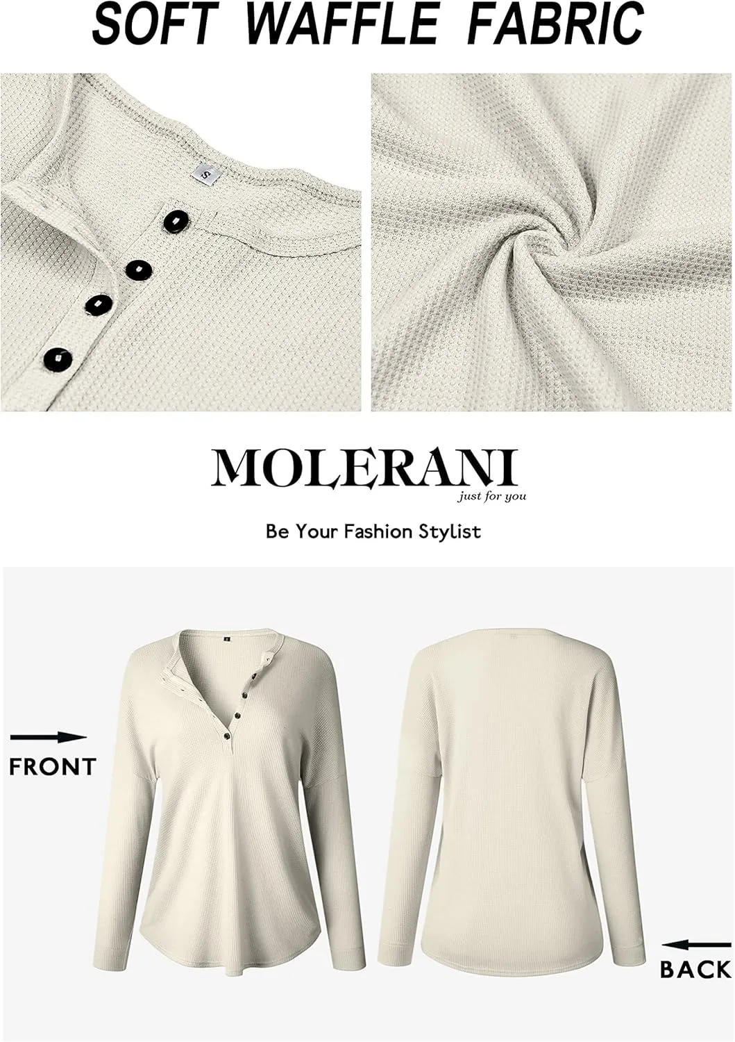 MOLERANI Womens Waffle Knit Tunic Tops Loose Long Sleeve Button Up V Neck Henley Shirts