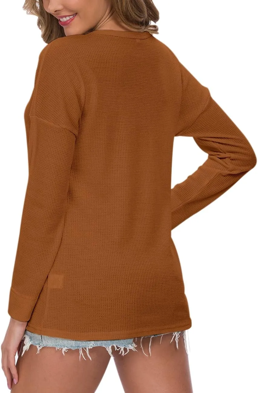 MOLERANI Womens Waffle Knit Tunic Tops Loose Long Sleeve Button Up V Neck Henley Shirts