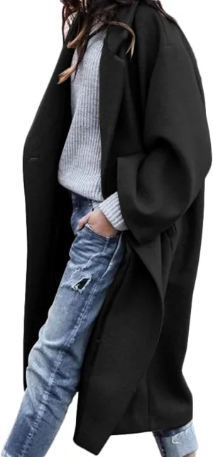 MOLERFO Women's Oversized Notched Collar Wool Blend Single Breast Midi Long Trench Coat