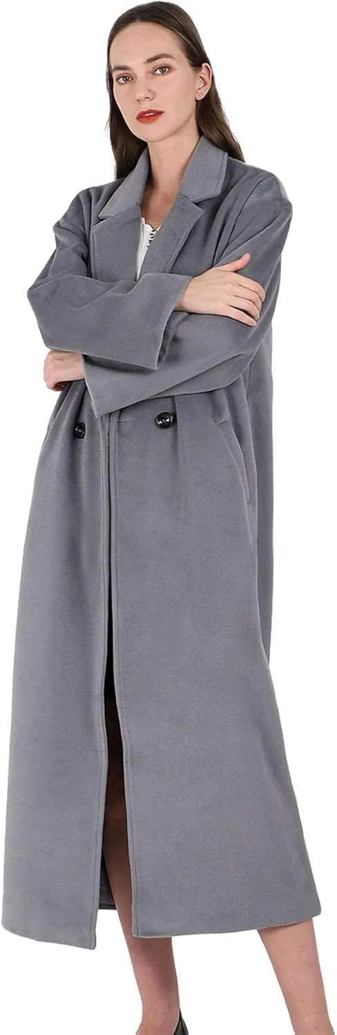 MOLERFO Women's Oversized Notched Collar Wool Blend Single Breast Midi Long Trench Coat