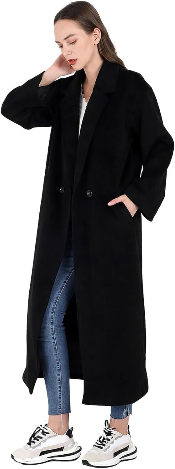 MOLERFO Women's Oversized Notched Collar Wool Blend Single Breast Midi Long Trench Coat