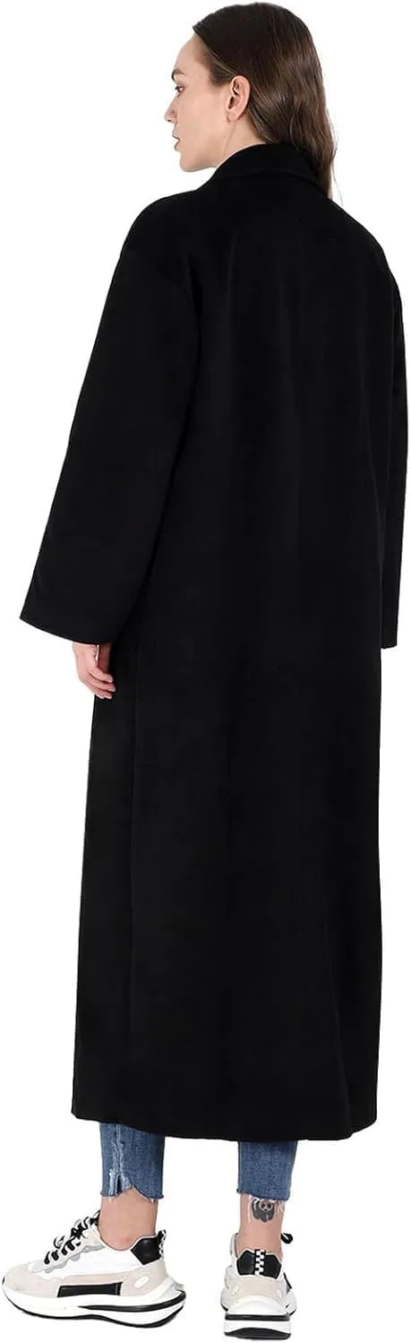 MOLERFO Women's Oversized Notched Collar Wool Blend Single Breast Midi Long Trench Coat