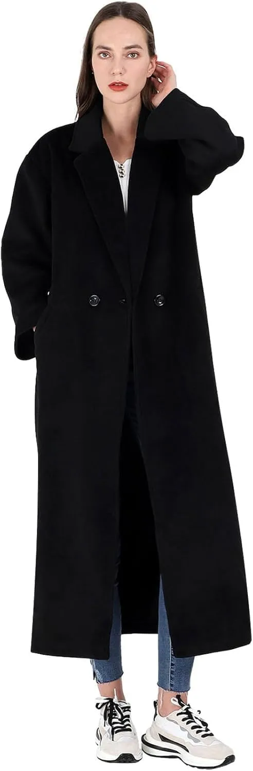 MOLERFO Women's Oversized Notched Collar Wool Blend Single Breast Midi Long Trench Coat