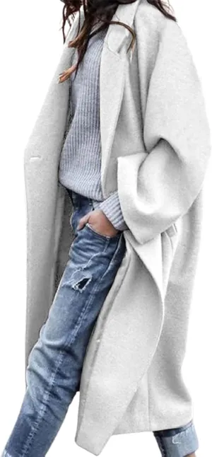MOLERFO Women's Oversized Notched Collar Wool Blend Single Breast Midi Long Trench Coat
