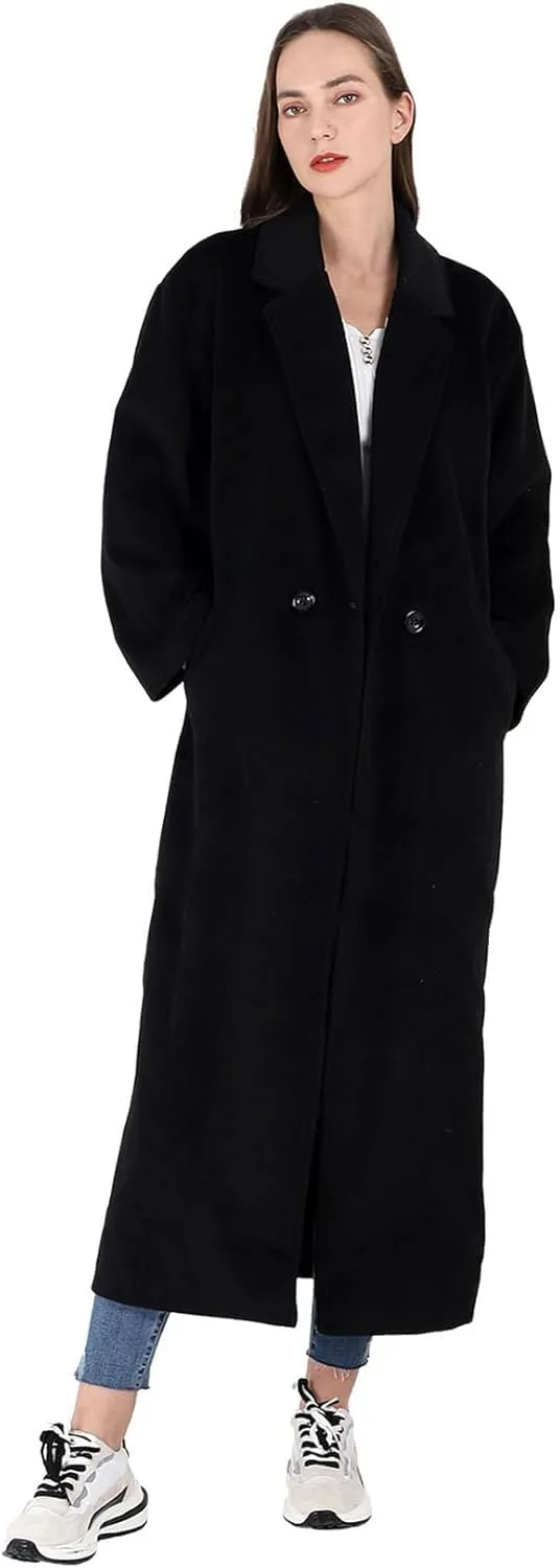 MOLERFO Women's Oversized Notched Collar Wool Blend Single Breast Midi Long Trench Coat