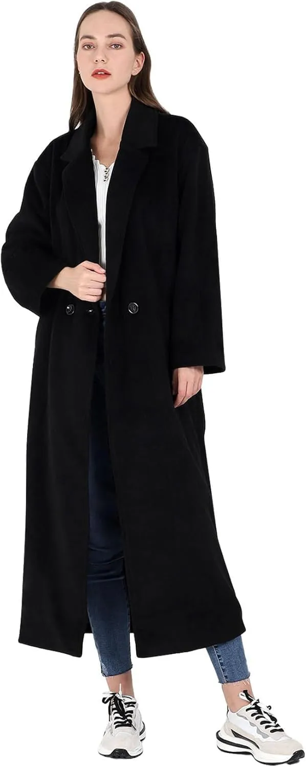 MOLERFO Women's Oversized Notched Collar Wool Blend Single Breast Midi Long Trench Coat
