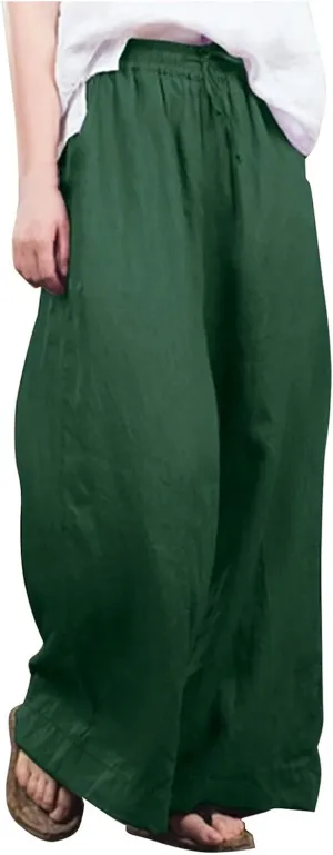 NATHGAM Women's Summer Palazzo Pants Cotton Linen Flowy Wide Leg Beach Vacation Pants Casual Loose Fit Trousers with Pockets