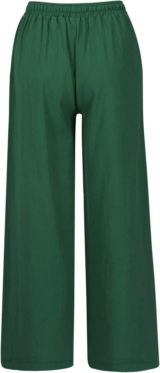 NATHGAM Women's Summer Palazzo Pants Cotton Linen Flowy Wide Leg Beach Vacation Pants Casual Loose Fit Trousers with Pockets