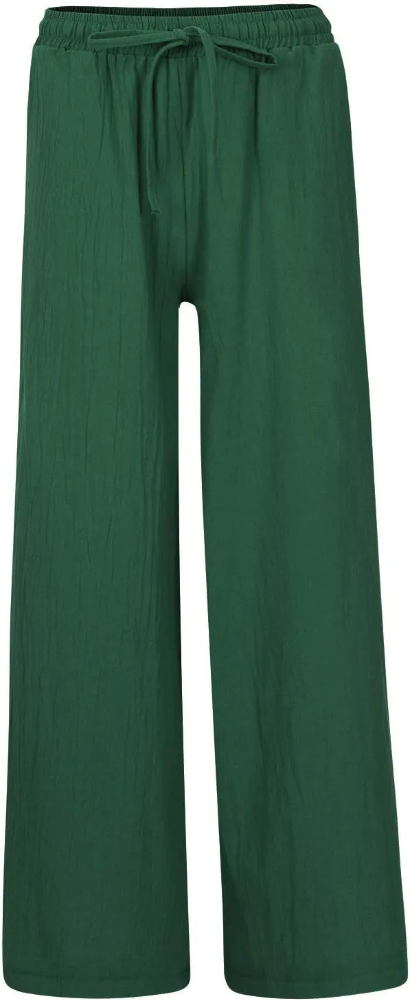 NATHGAM Women's Summer Palazzo Pants Cotton Linen Flowy Wide Leg Beach Vacation Pants Casual Loose Fit Trousers with Pockets