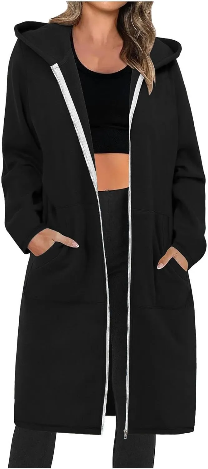 Oversized Hoodies for Women Zip Up Knee Length Tunic Sweatshirts Casual Long Sleeve Hooded Jackets With Pockets