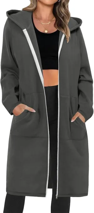 Oversized Hoodies for Women Zip Up Knee Length Tunic Sweatshirts Casual Long Sleeve Hooded Jackets With Pockets
