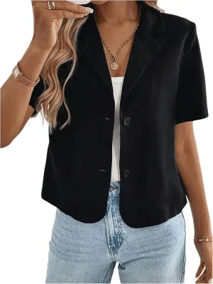 OYOANGLE Women's Button Down Short Sleeve Suit Blazers Lapel Neck Casual Work Office Jackets