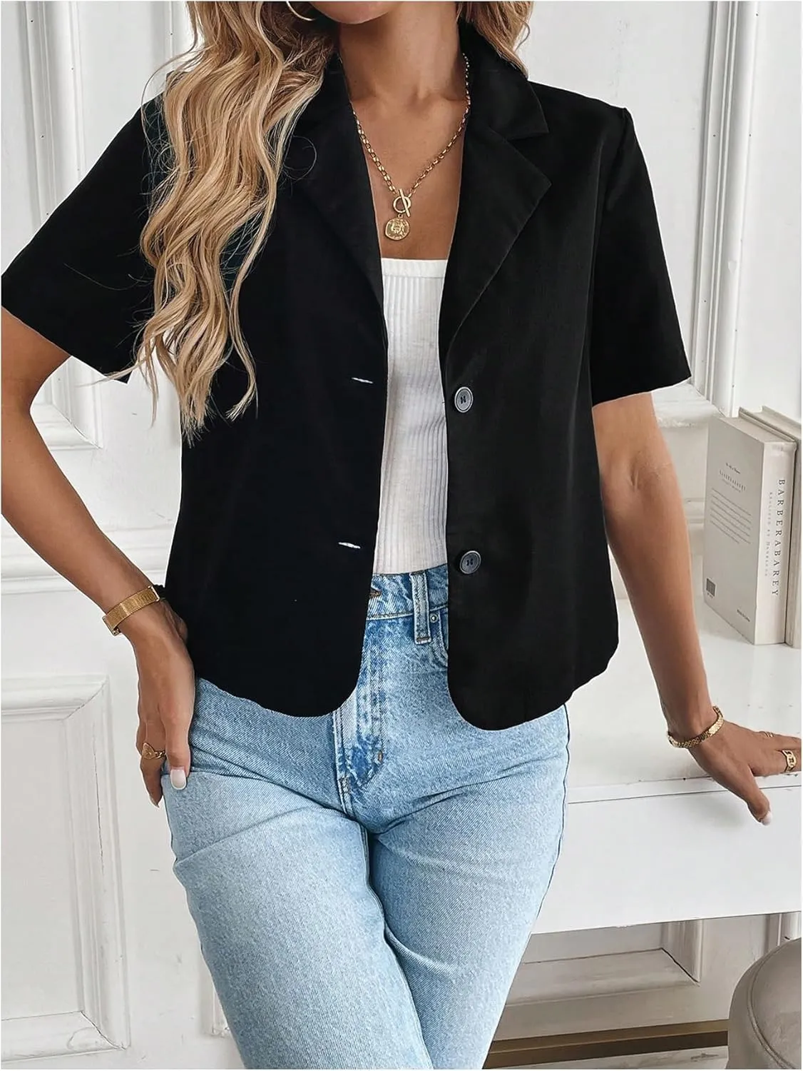 OYOANGLE Women's Button Down Short Sleeve Suit Blazers Lapel Neck Casual Work Office Jackets