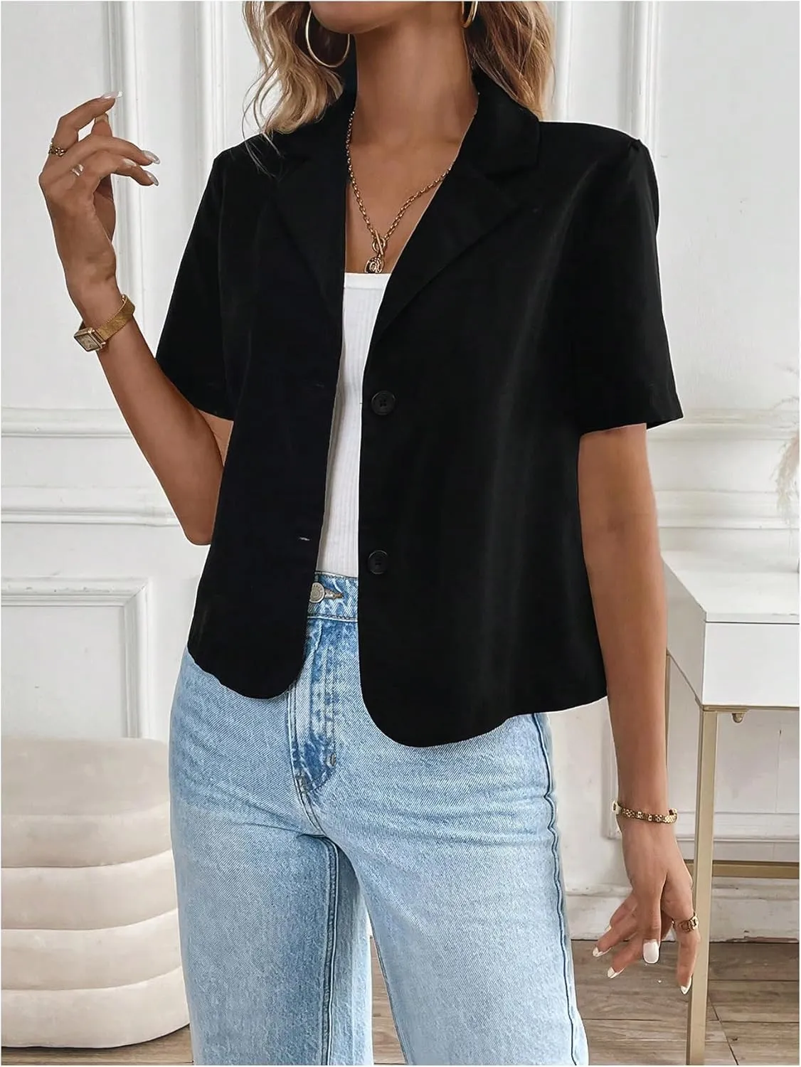 OYOANGLE Women's Button Down Short Sleeve Suit Blazers Lapel Neck Casual Work Office Jackets
