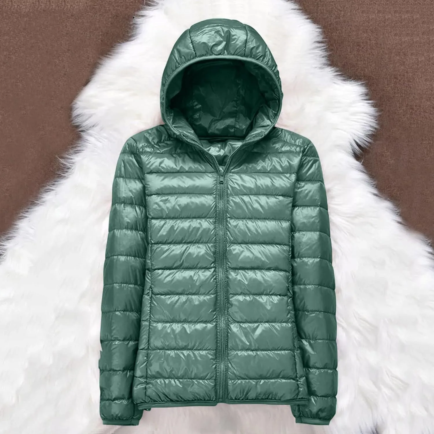 Packable Down Jacket Women Lightweight Full Zip Puffer Jackets Casual Warm Stand Collar Quilted Winter Coat with Hood