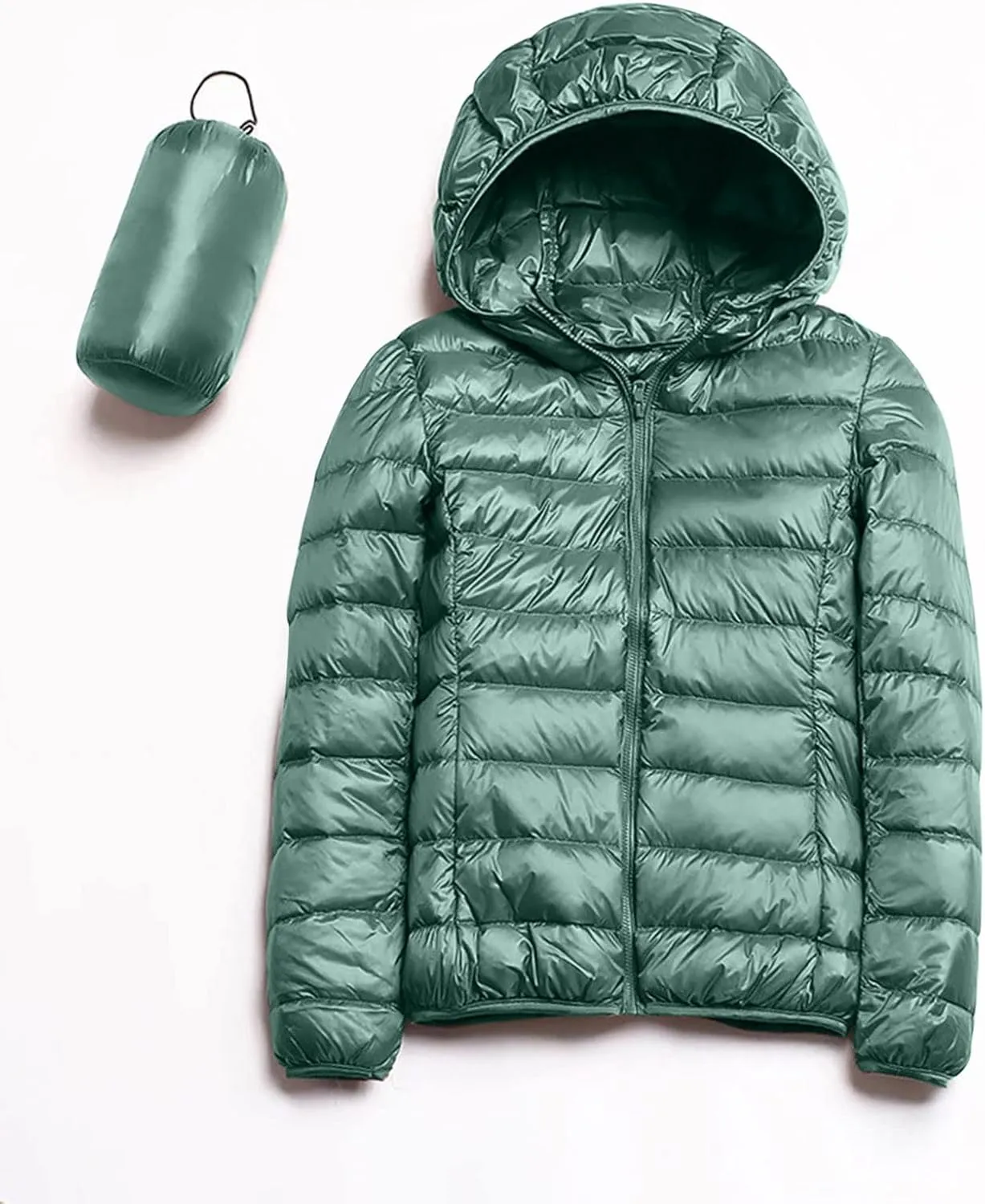 Packable Down Jacket Women Lightweight Full Zip Puffer Jackets Casual Warm Stand Collar Quilted Winter Coat with Hood