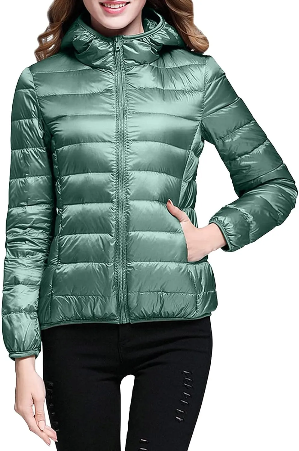 Packable Down Jacket Women Lightweight Full Zip Puffer Jackets Casual Warm Stand Collar Quilted Winter Coat with Hood