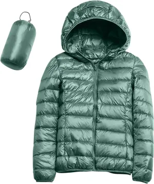 Packable Down Jacket Women Lightweight Full Zip Puffer Jackets Casual Warm Stand Collar Quilted Winter Coat with Hood