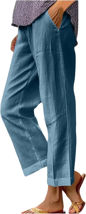 Palazzo Pants for Women Palazzo Wide Leg Cotton Linen Pants 2025 Summer Vacation Beach Long Trousers with Pockets