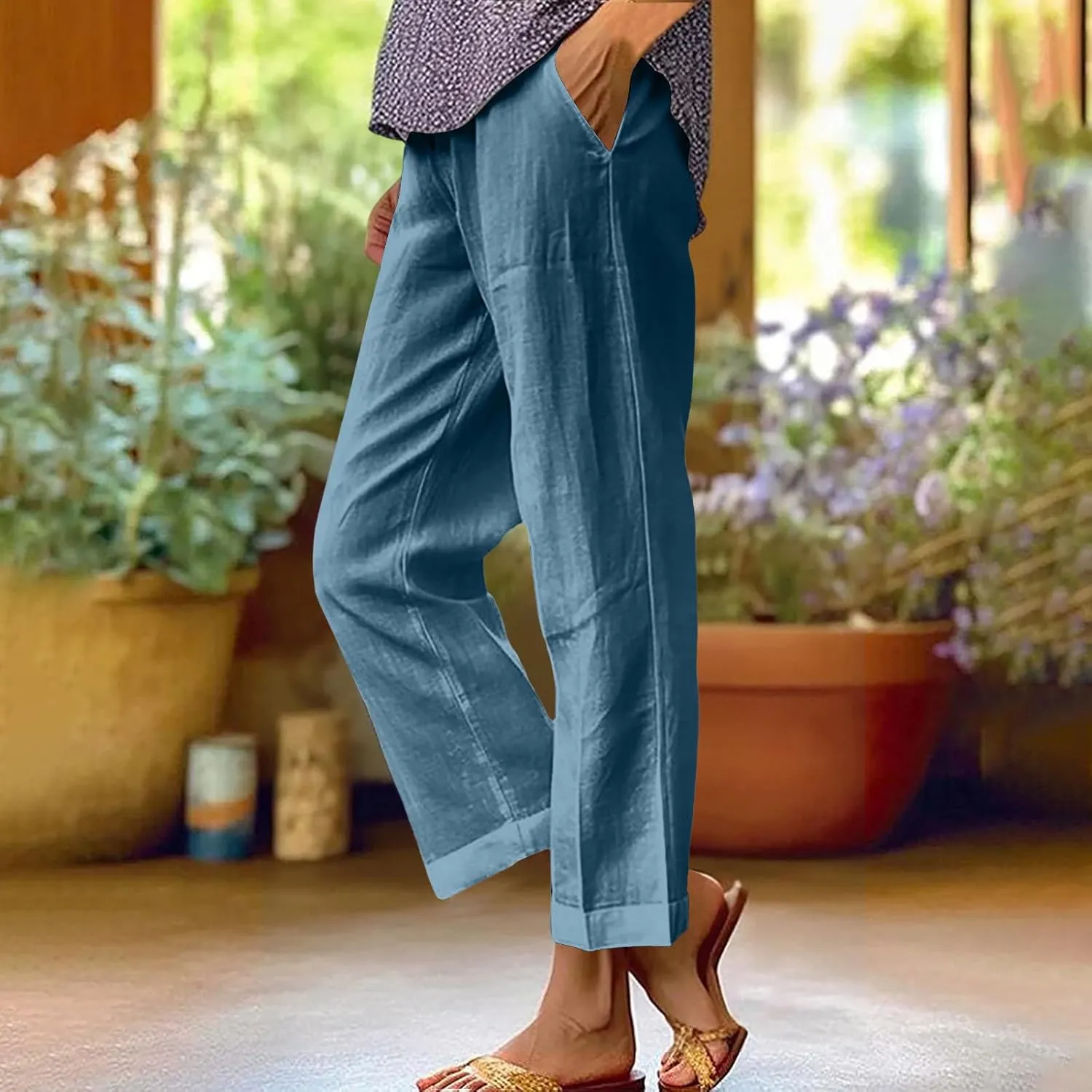 Palazzo Pants for Women Palazzo Wide Leg Cotton Linen Pants 2025 Summer Vacation Beach Long Trousers with Pockets