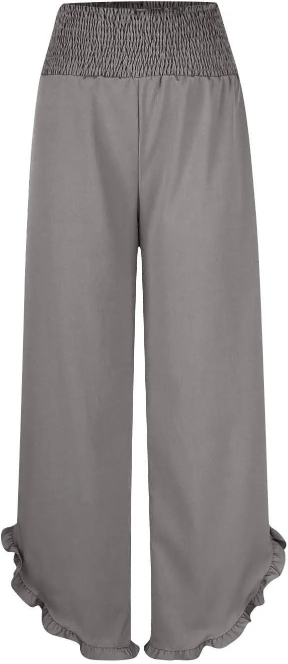 Palazzo Pants for Women Stretch Smocked High Waisted Ruffle Hem Loose Fit Pant Summer Casual Linen Wide Leg Trousers