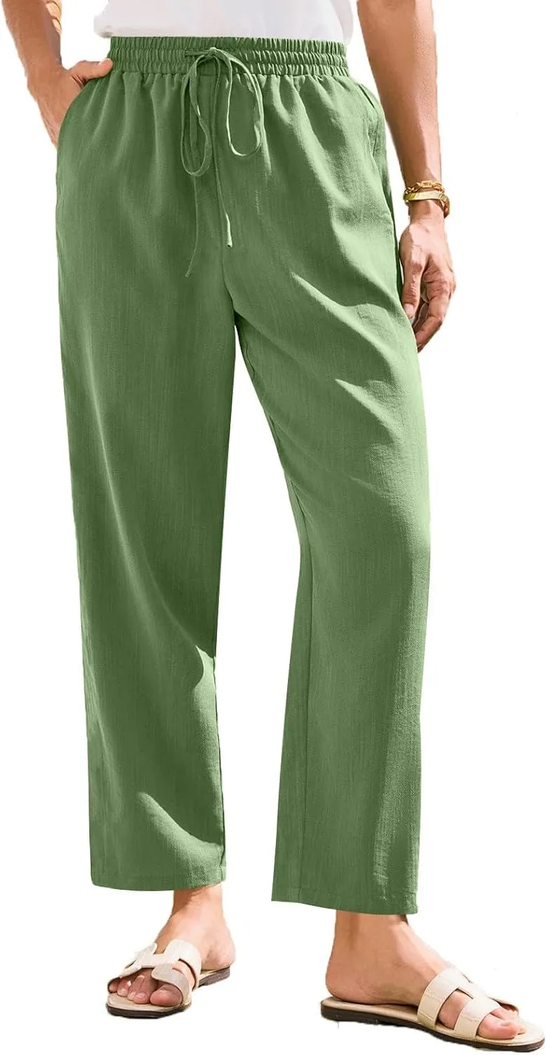 Pants for Women, Linen Print Casual Pants Peasant Straight Leg Cotton Plus