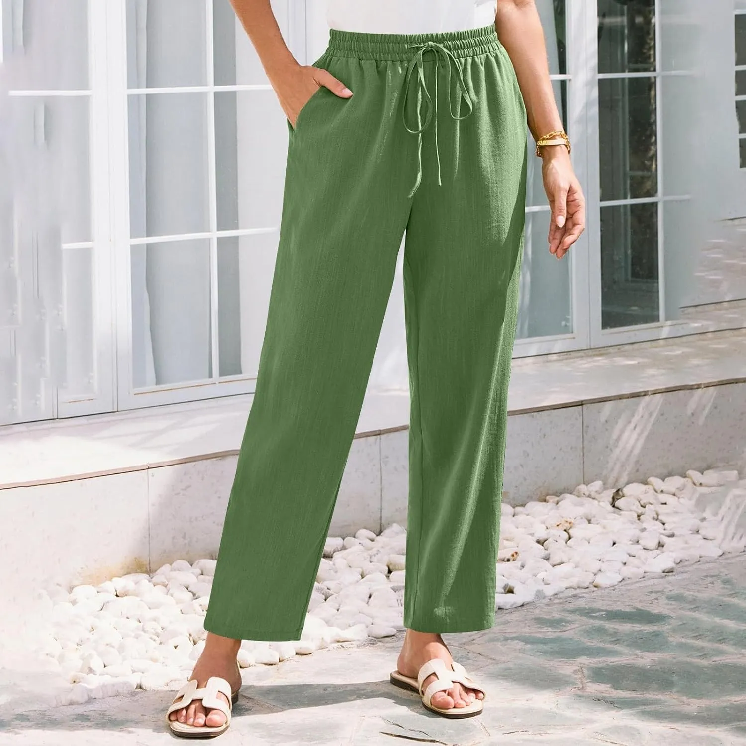 Pants for Women, Linen Print Casual Pants Peasant Straight Leg Cotton Plus