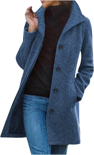 Pea Coats for Women Winter Stand Collar Trench Coats Trendy Single Breasted Tweed Jacket with Pockets Long Wool Overcoat