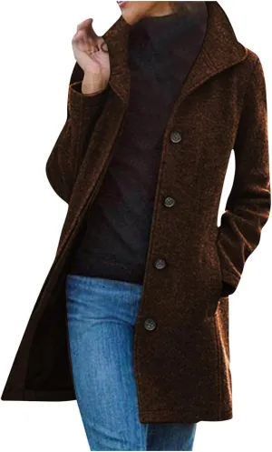 Pea Coats for Women Winter Stand Collar Trench Coats Trendy Single Breasted Tweed Jacket with Pockets Long Wool Overcoat