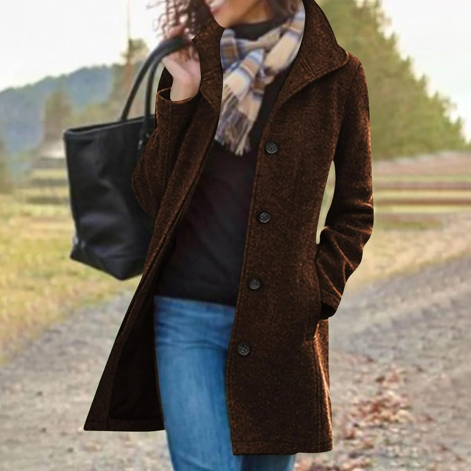 Pea Coats for Women Winter Stand Collar Trench Coats Trendy Single Breasted Tweed Jacket with Pockets Long Wool Overcoat