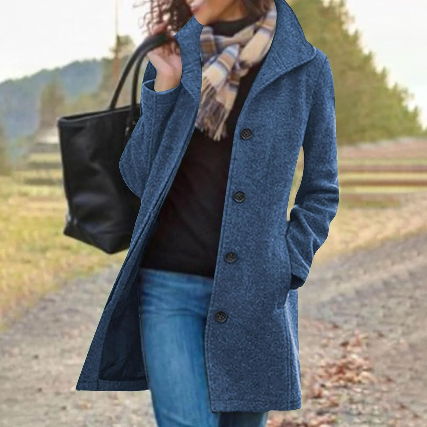 Pea Coats for Women Winter Stand Collar Trench Coats Trendy Single Breasted Tweed Jacket with Pockets Long Wool Overcoat