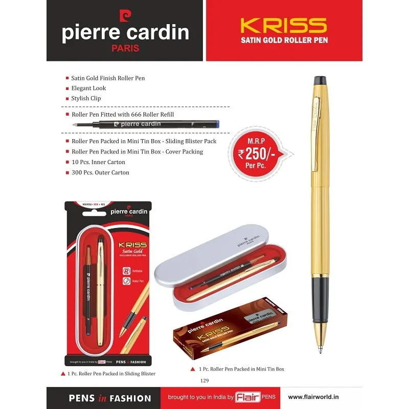 PIERRE CARDIN KRISS SATIN GOLD ROLLER PEN | WITH METAL BOX |