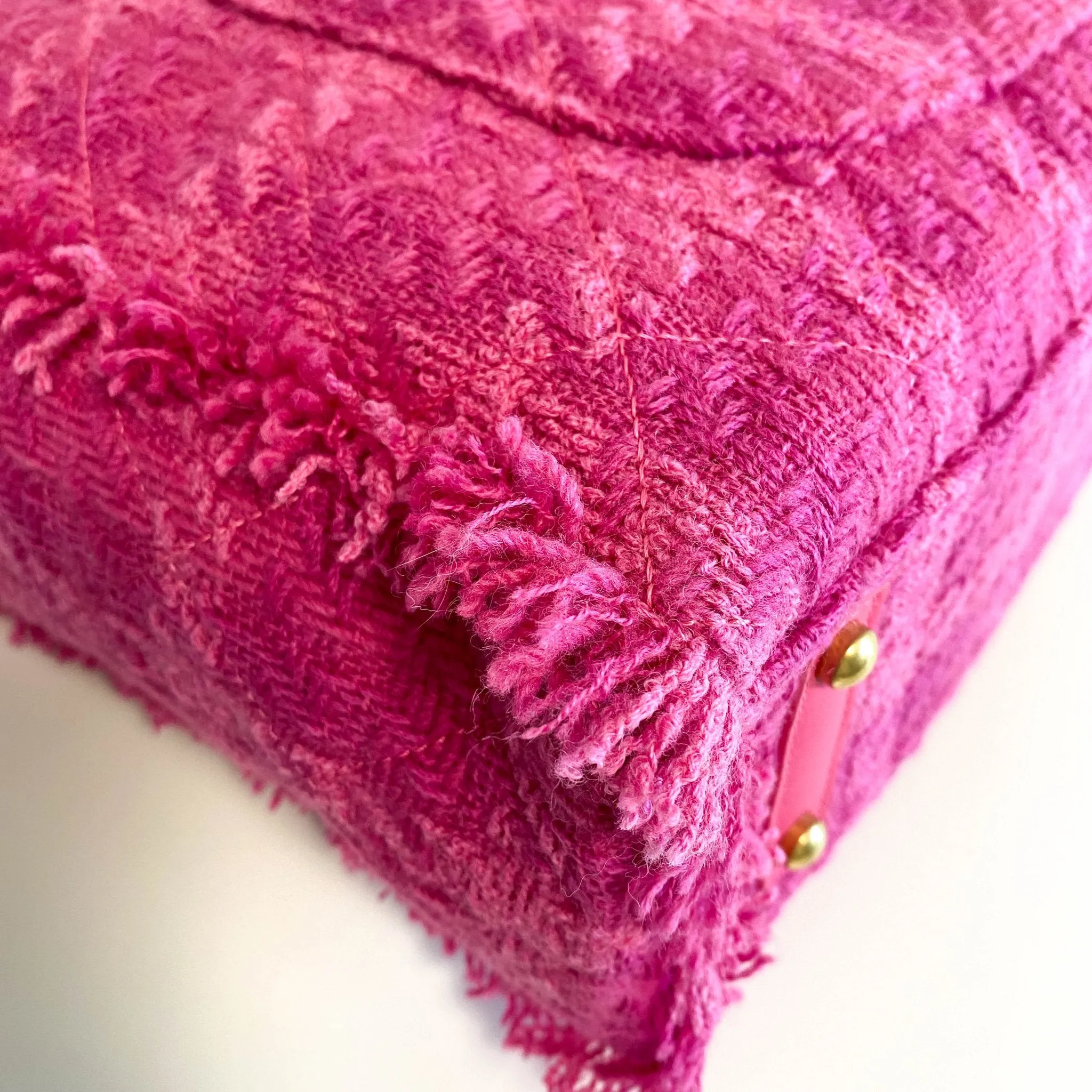 Pink Wool Tweed Logo Fringe Zip Top Shopping Tote Handbag