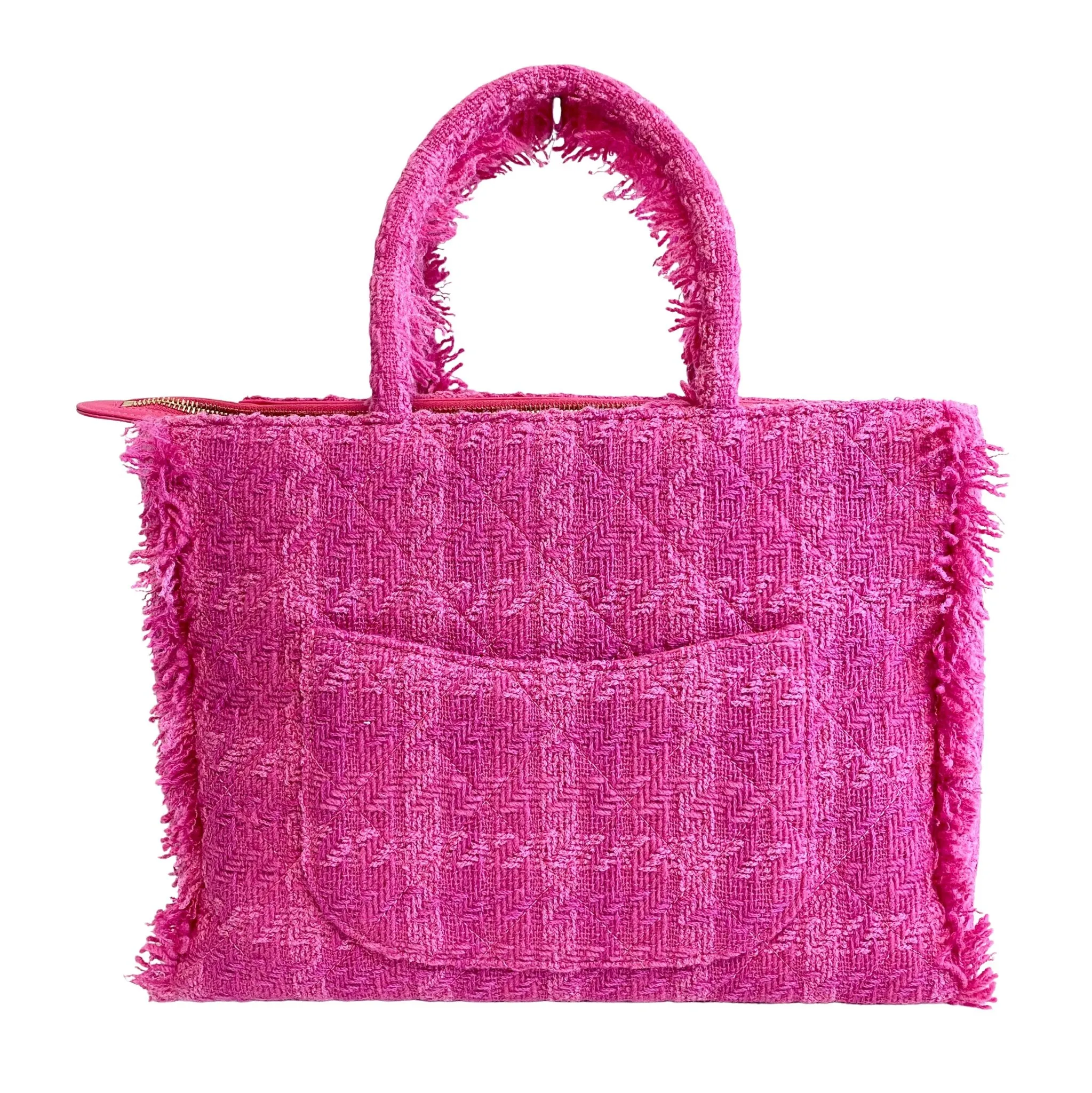 Pink Wool Tweed Logo Fringe Zip Top Shopping Tote Handbag