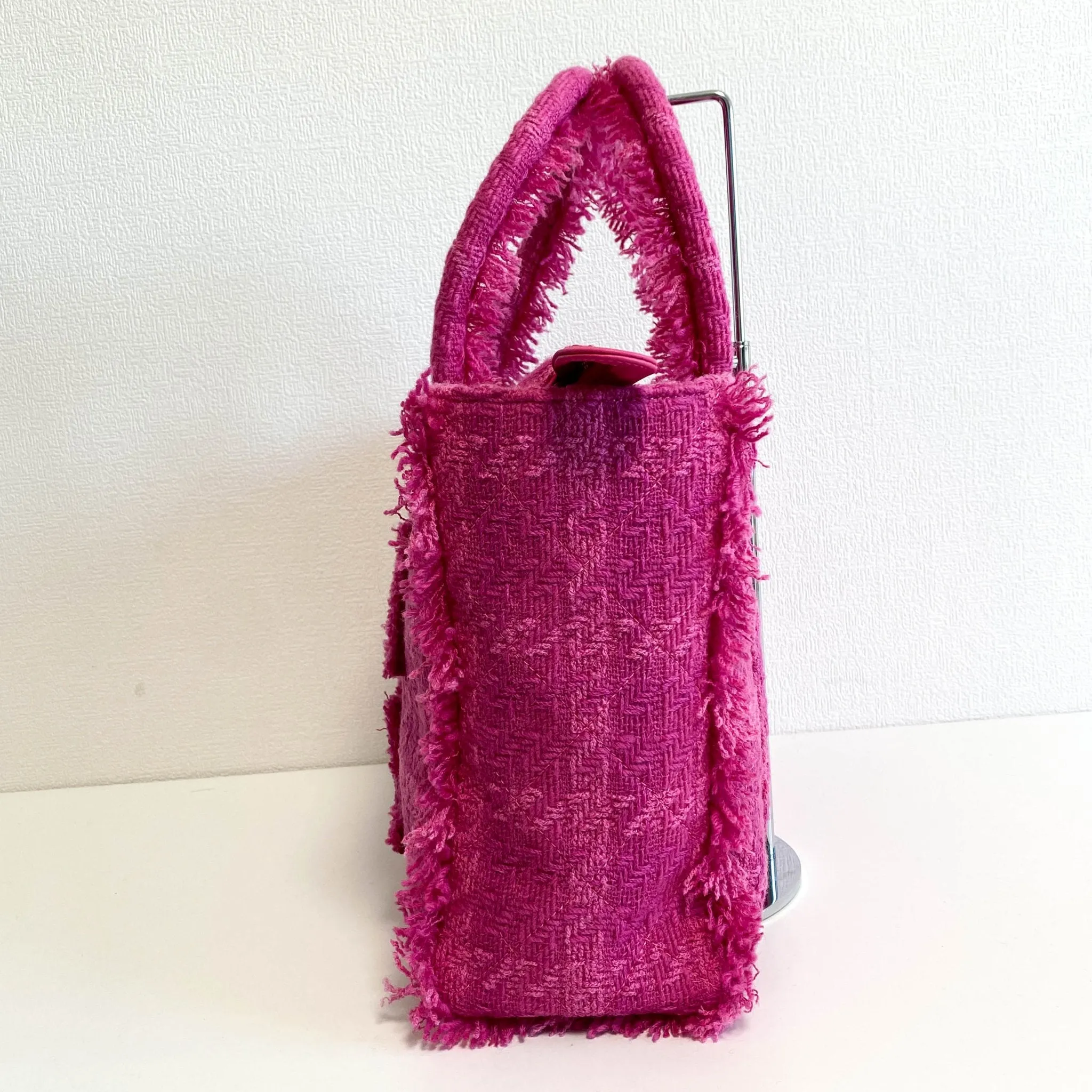 Pink Wool Tweed Logo Fringe Zip Top Shopping Tote Handbag