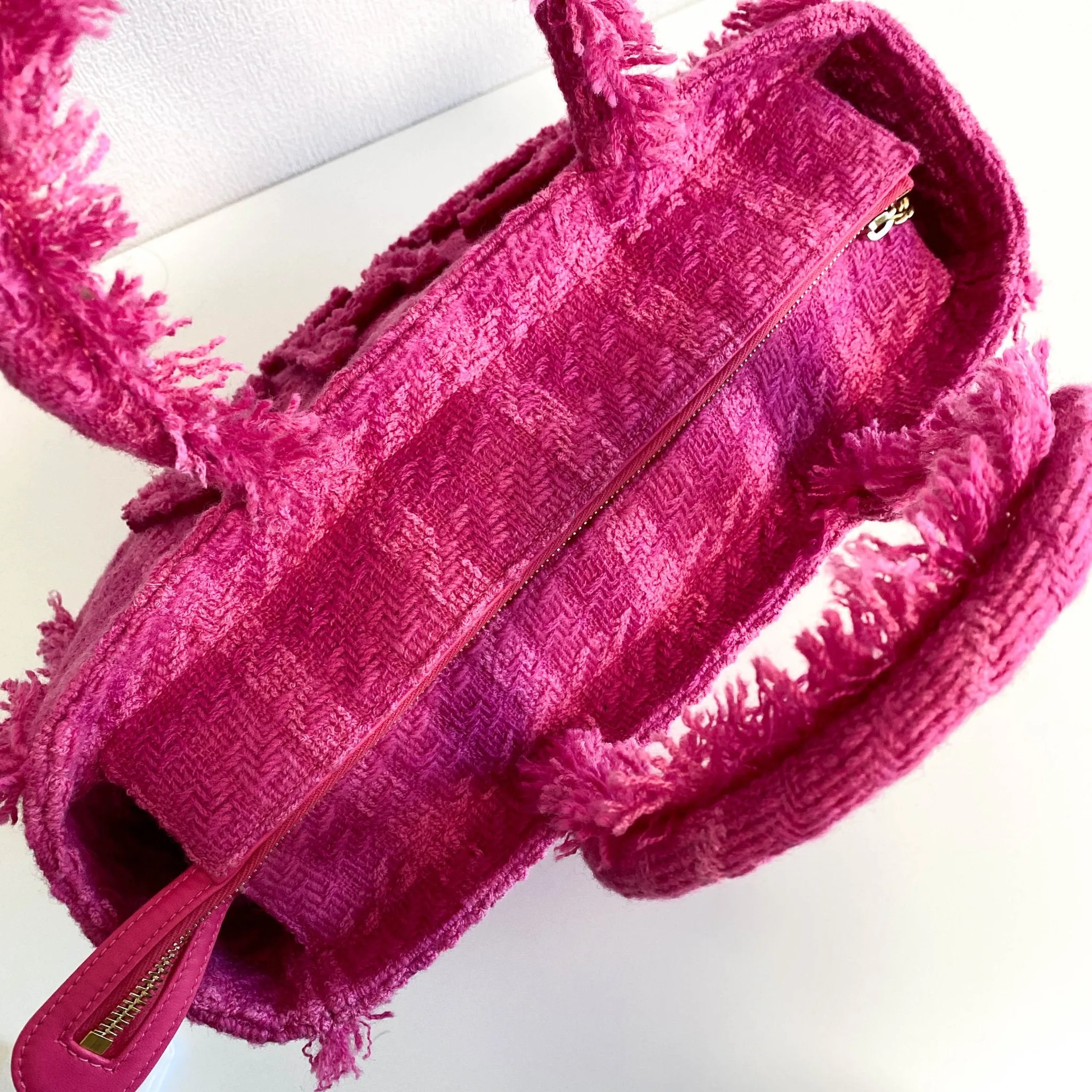 Pink Wool Tweed Logo Fringe Zip Top Shopping Tote Handbag